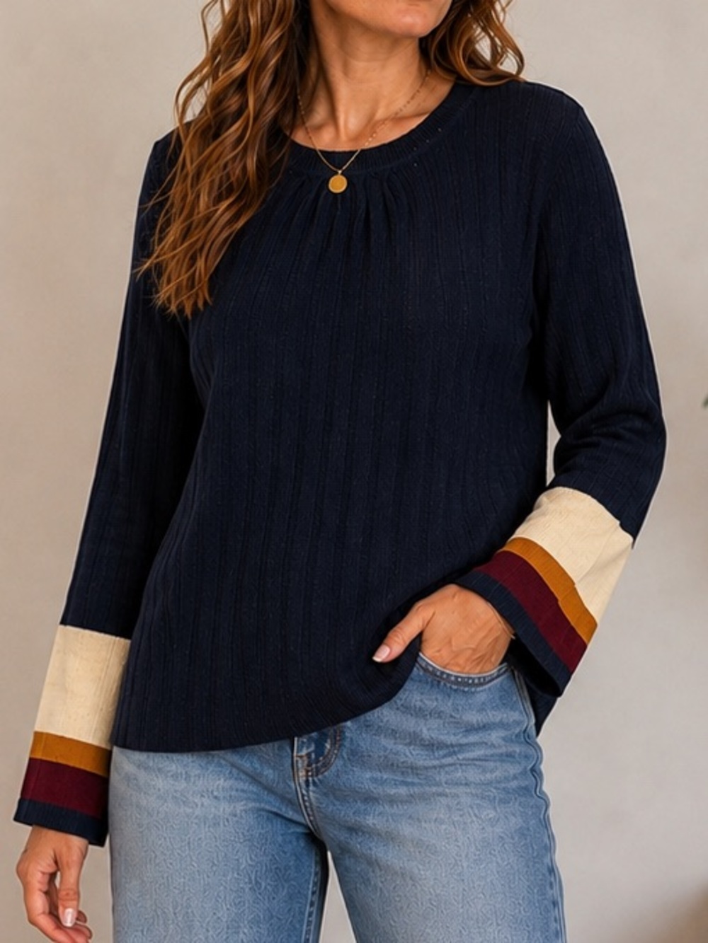Cliche Navy Ribbed Knit Sweater Colorblock Bell Sleeve Striped Cuff XL
